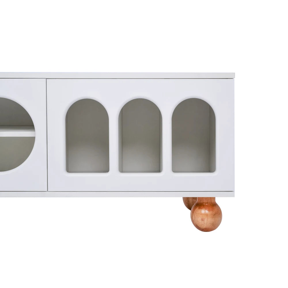 Meuble TV Bellagio – Blanc, verre et cannage, 170 cm – détail des finitions