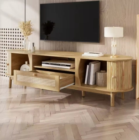 Meuble TV Matera — décor bois et effet cannage, 165 cm