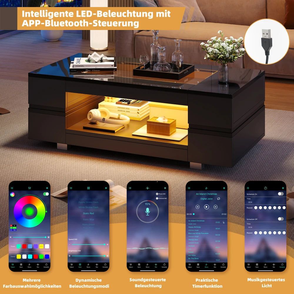 Table basse LED Lumea – Noir ou Blanc, 100 cm – rangements et fonctionnalités