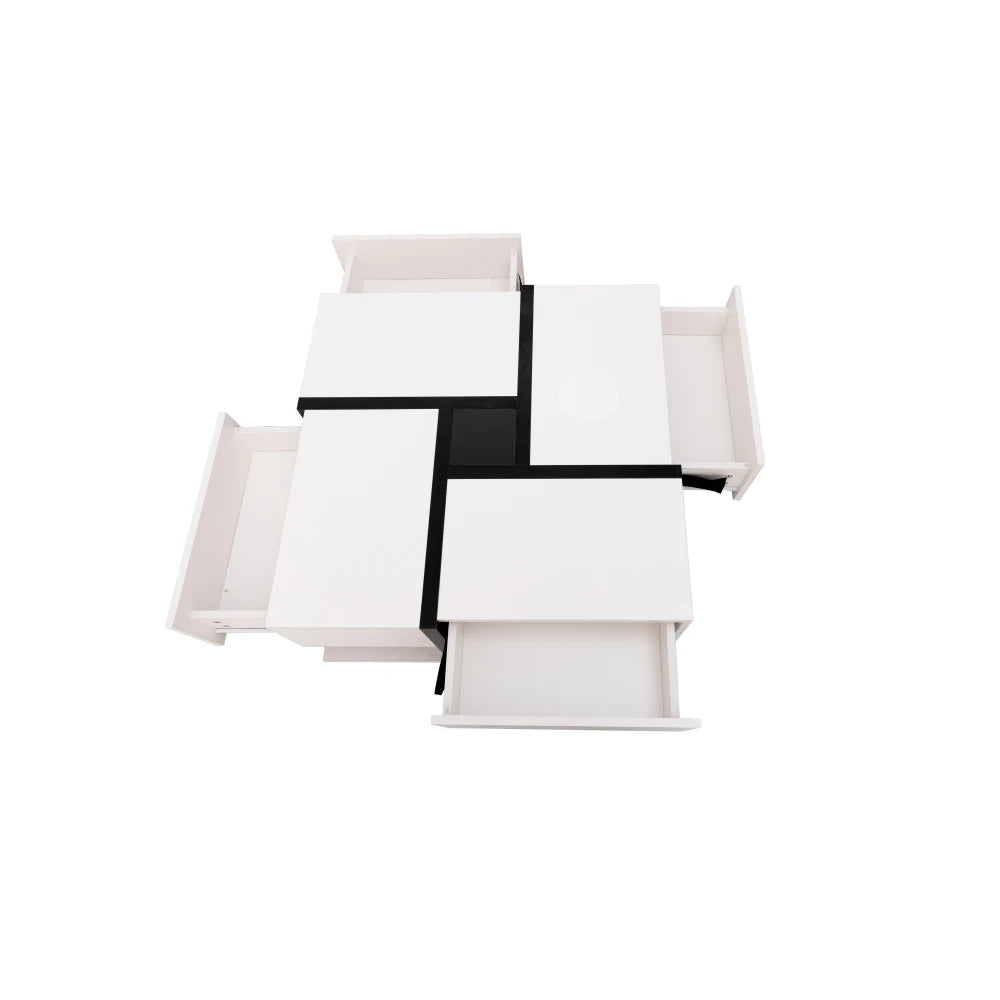 Table basse Perla – Blanc brillant, 4 tiroirs, 78 cm – détail des finitions