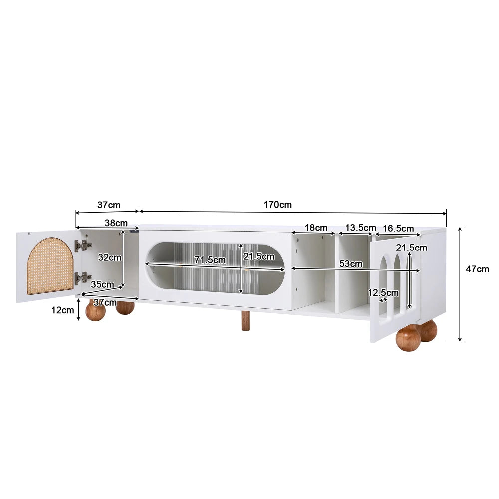 Meuble TV Bellagio – Blanc, verre et cannage, 170 cm – dimensions et proportions