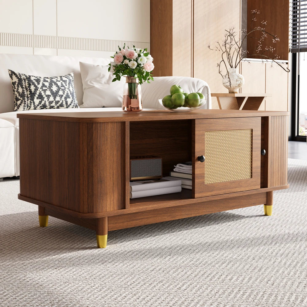 Table basse Ravello – Noyer et cannage, 100 cm – mise en situation