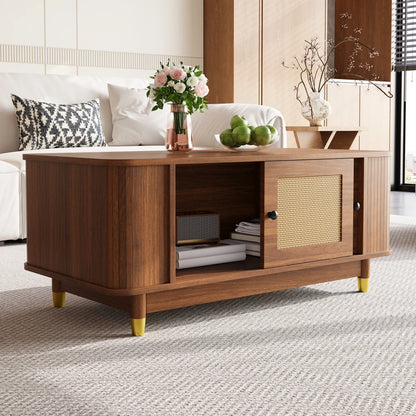 Table basse Ravello – Noyer et cannage, 100 cm – mise en situation