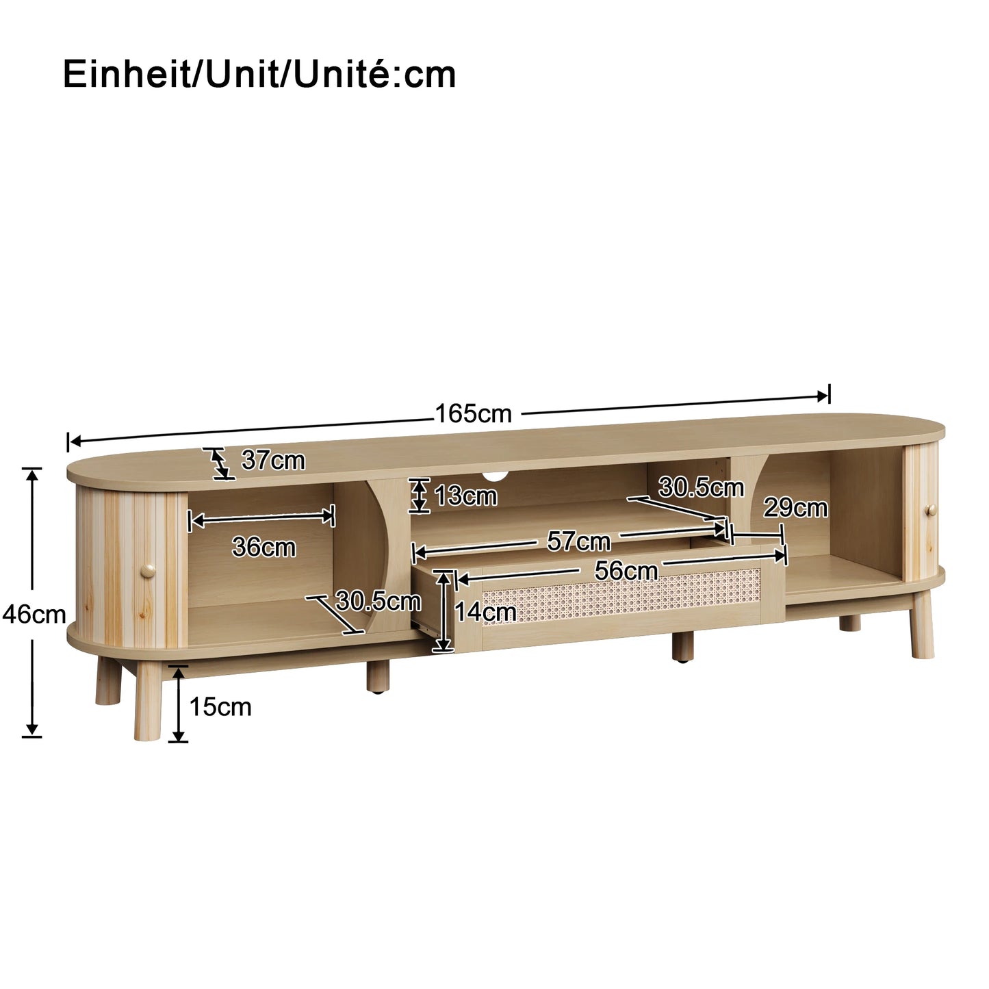 Meuble TV Matera – Bois naturel et cannage, 165 cm – dimensions et proportions