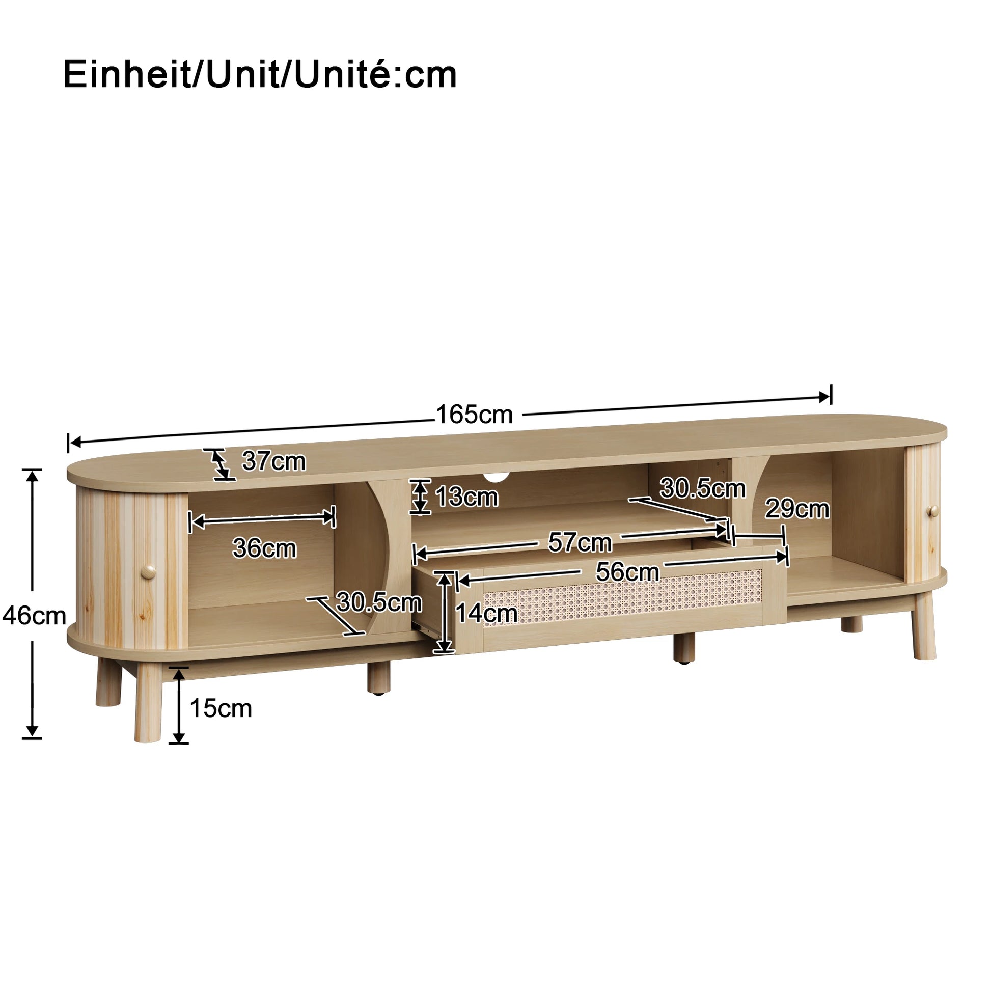 Meuble TV Matera – Bois naturel et cannage, 165 cm – dimensions et proportions