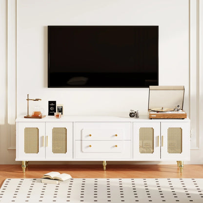 Meuble TV Bianca – Blanc, cannage et doré, 175 cm – dans un salon