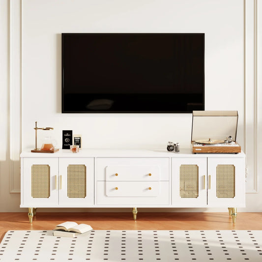Meuble TV Bianca – Blanc, cannage et doré, 175 cm – dans un salon
