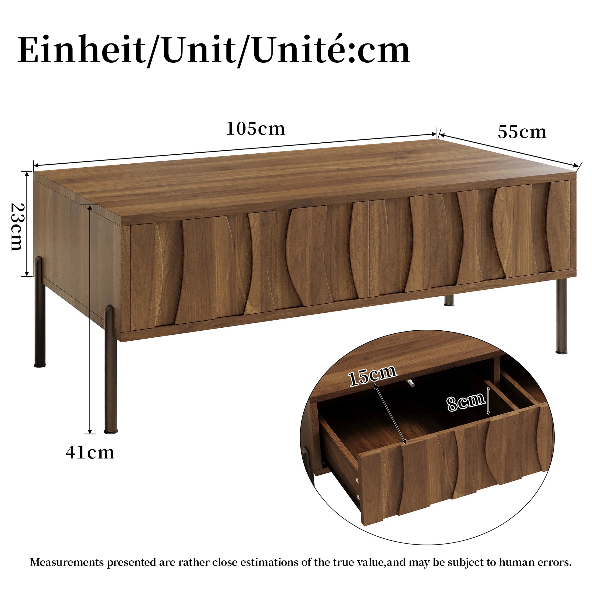 Table basse Pesaro – Bois naturel, 2 tiroirs, 105 cm – dimensions et proportions