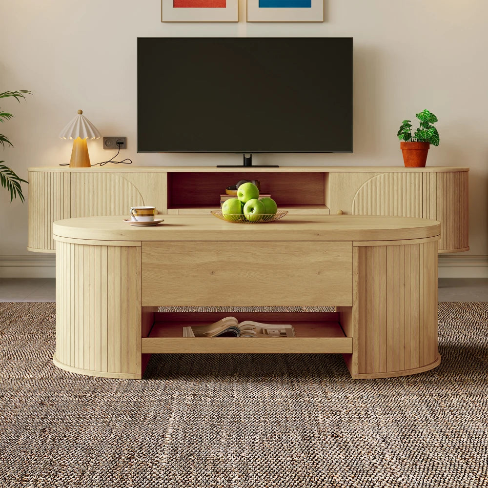 Table basse relevable Olbia – Bois naturel, 110 cm – dans un salon