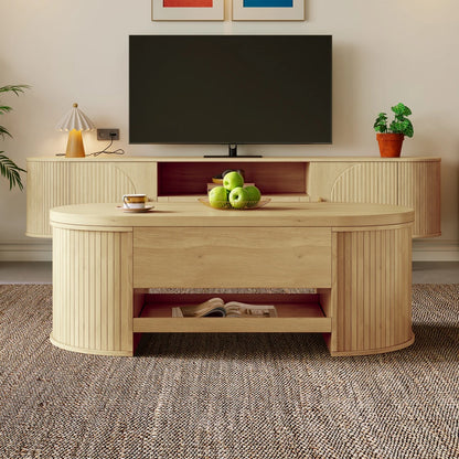 Table basse relevable Olbia – Bois naturel, 110 cm – dans un salon