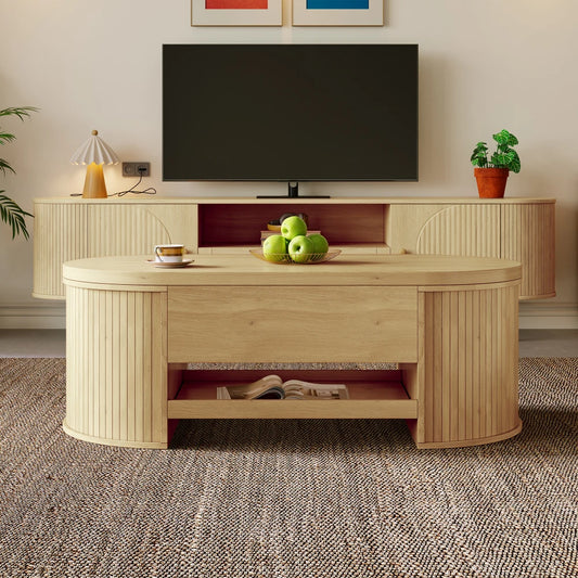 Table basse relevable Olbia – Bois naturel, 110 cm – dans un salon