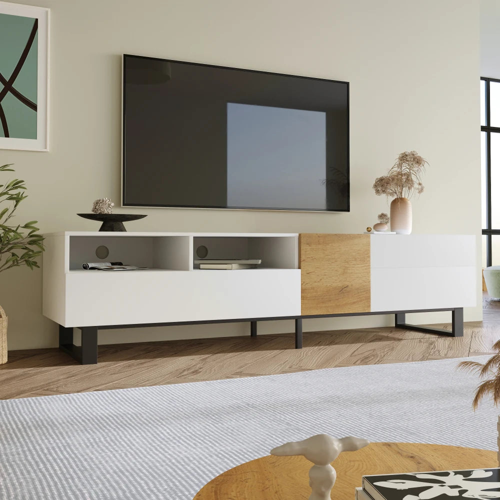 Meuble TV Como – Blanc et bois, 180 cm – rangements et fonctionnalités