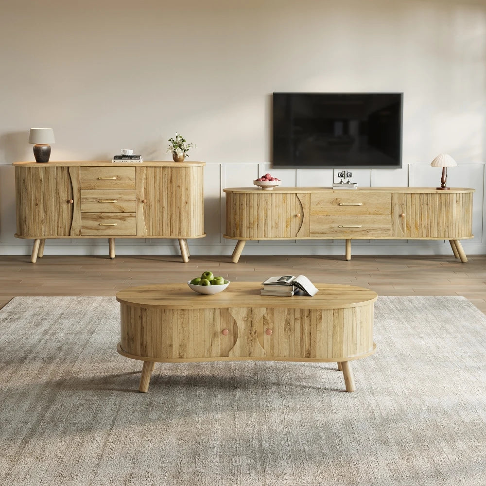 Ensemble salon Volterra – Bois naturel, 3 pièces – dans un salon
