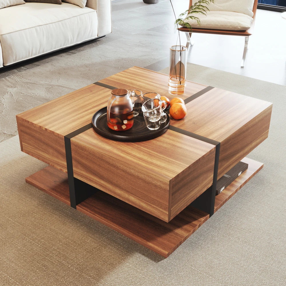 Table basse Quadra – 4 tiroirs, bois naturel, 78 cm – rangements et fonctionnalités