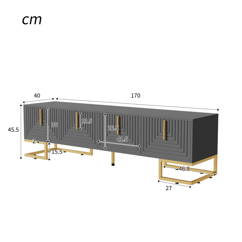 Meuble TV Sorrento – Gris structuré et doré, 170 cm – dimensions et proportions