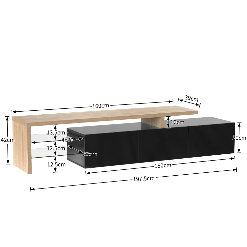 Meuble TV Notte – Noir brillant avec LED, 198 cm – dimensions et proportions
