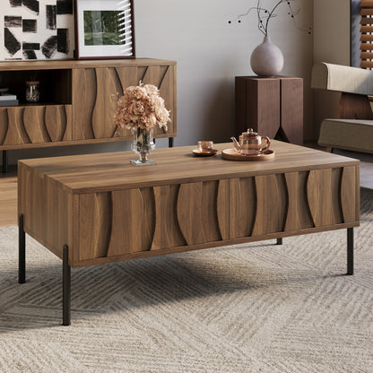 Table basse Pesaro – Bois naturel, 2 tiroirs, 105 cm – dans un salon