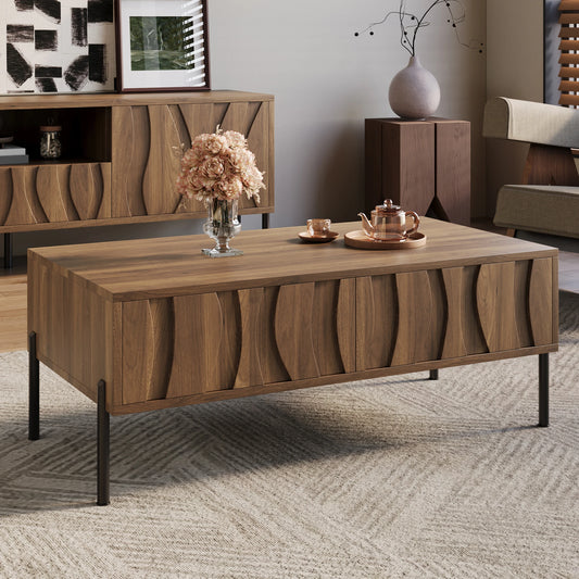Table basse Pesaro – Bois naturel, 2 tiroirs, 105 cm – dans un salon