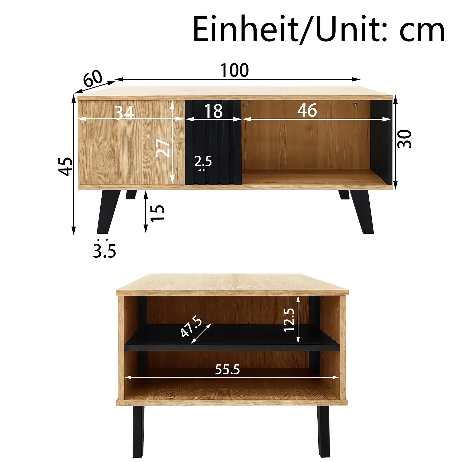 Table basse Torino – Noir et bois, rangements, 100 cm – dimensions et proportions
