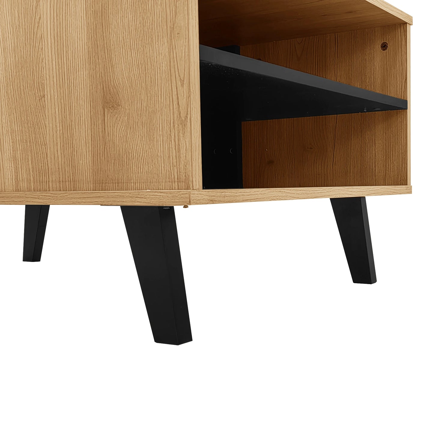 Table basse Torino – Noir et bois, rangements, 100 cm – détail des finitions