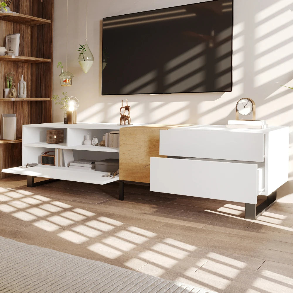 Meuble TV Como – Blanc et bois, 180 cm – mise en situation