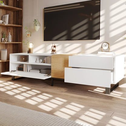 Meuble TV Como – Blanc et bois, 180 cm – mise en situation