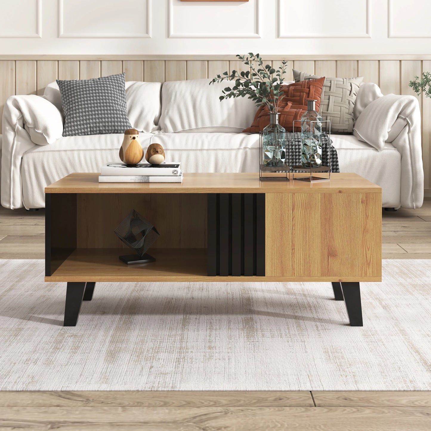 Table basse Torino – Noir et bois, rangements, 100 cm – dans un salon