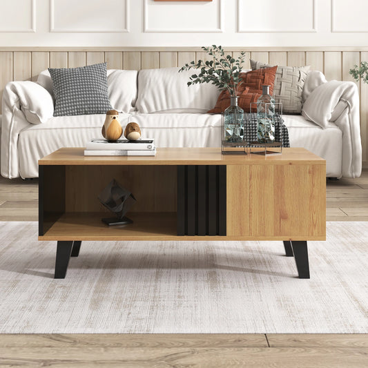 Table basse Torino – Noir et bois, rangements, 100 cm – dans un salon