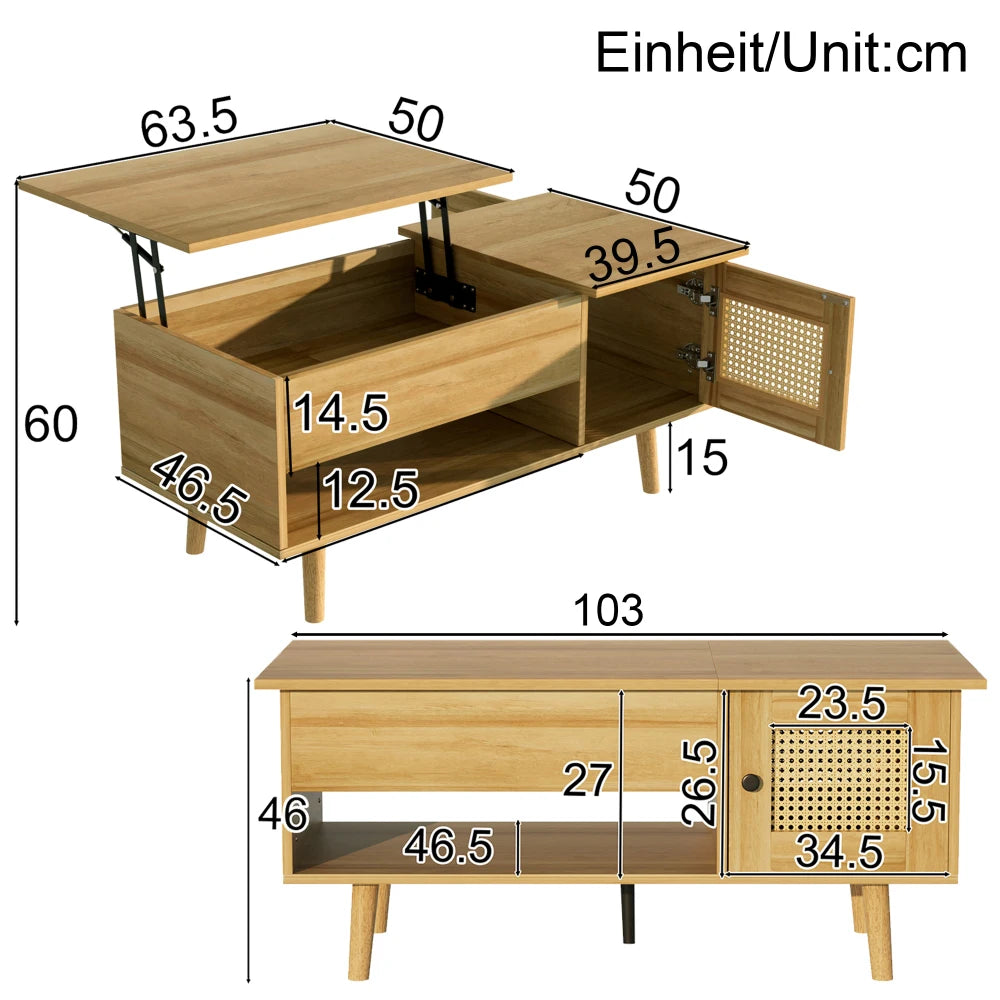 Table basse relevable Rimini – Bois et cannage, 103 cm – dimensions et proportions