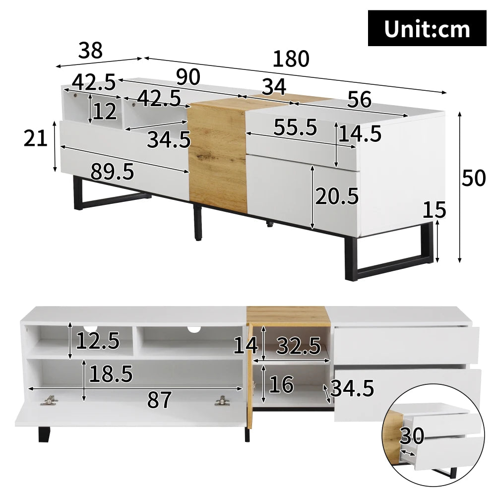 Meuble TV Como – Blanc et bois, 180 cm – dimensions et proportions