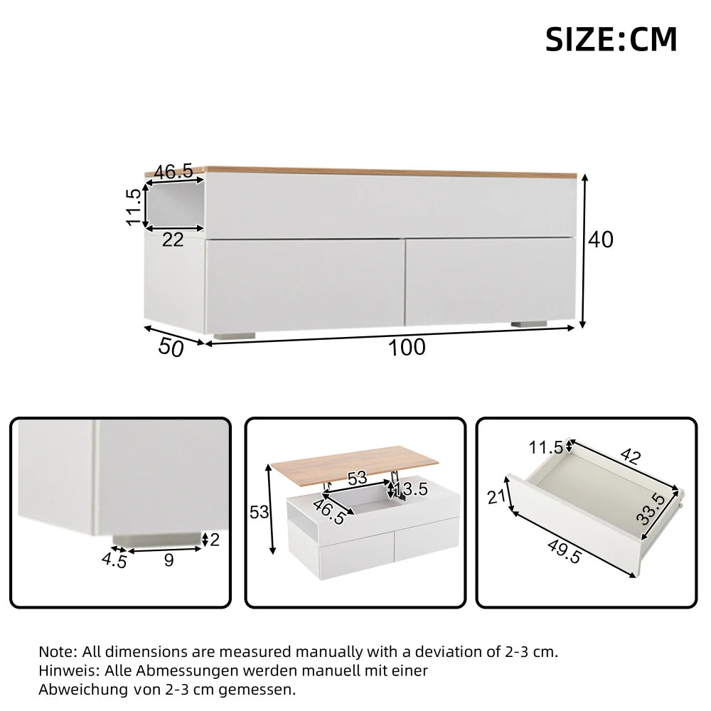 Table basse relevable Alba – Blanc et bois, 100 cm – dimensions et proportions