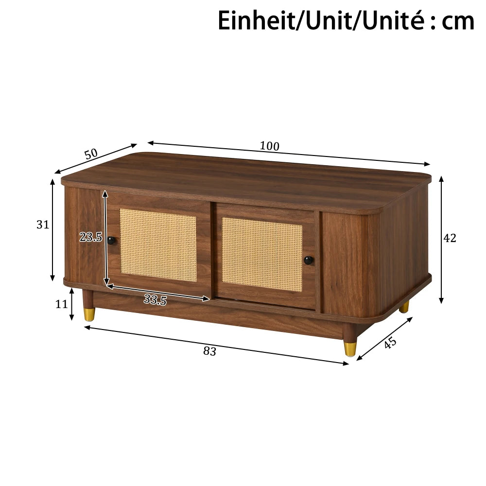 Table basse Ravello – Noyer et cannage, 100 cm – dimensions et proportions