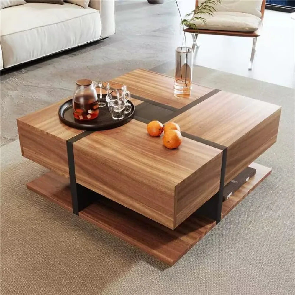 Table basse Quadra – 4 tiroirs, bois naturel, 78 cm – mise en situation