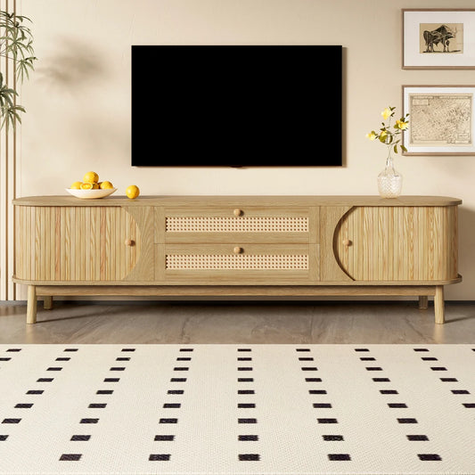 Meuble TV Cortona – Bois naturel et cannage, 170 cm – dans un salon