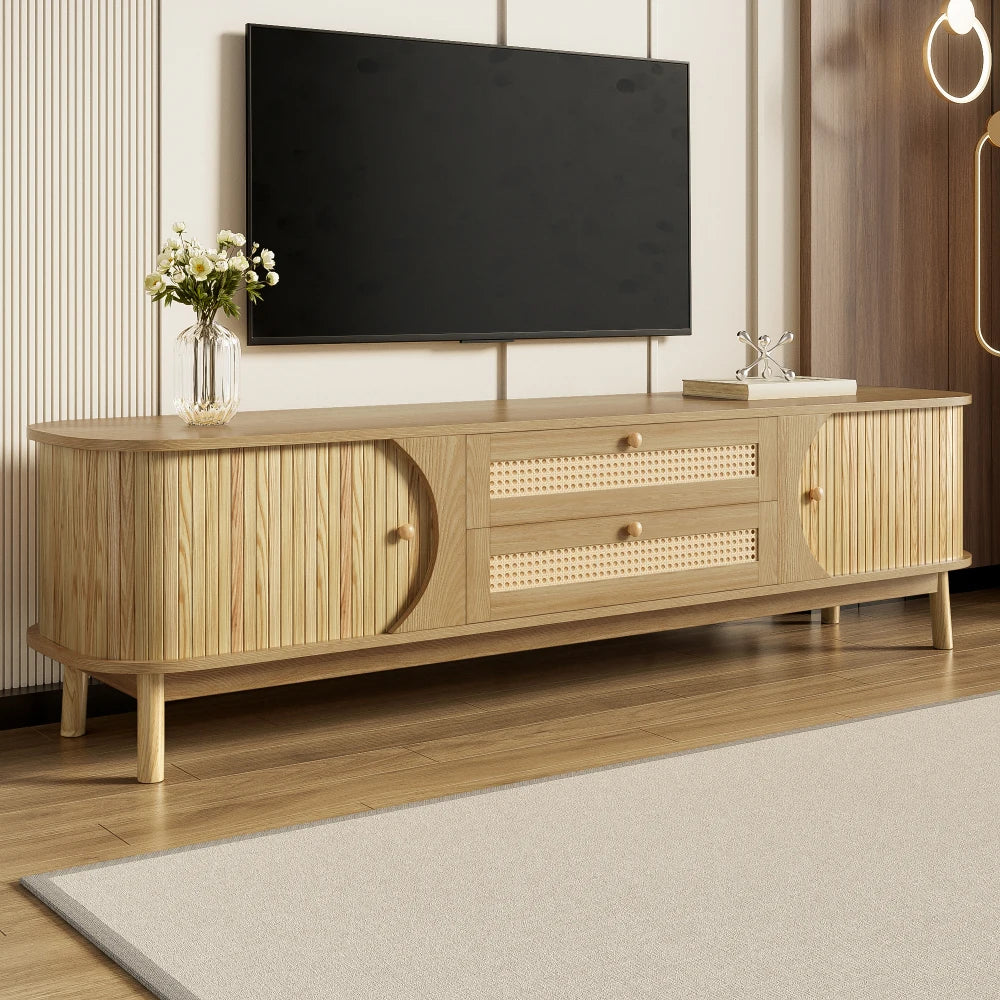 Meuble TV Cortona – Bois naturel et cannage, 170 cm – mise en situation