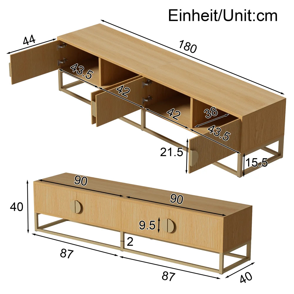 Meuble TV Verona – Bois rainuré et doré, 180 cm – dimensions et proportions