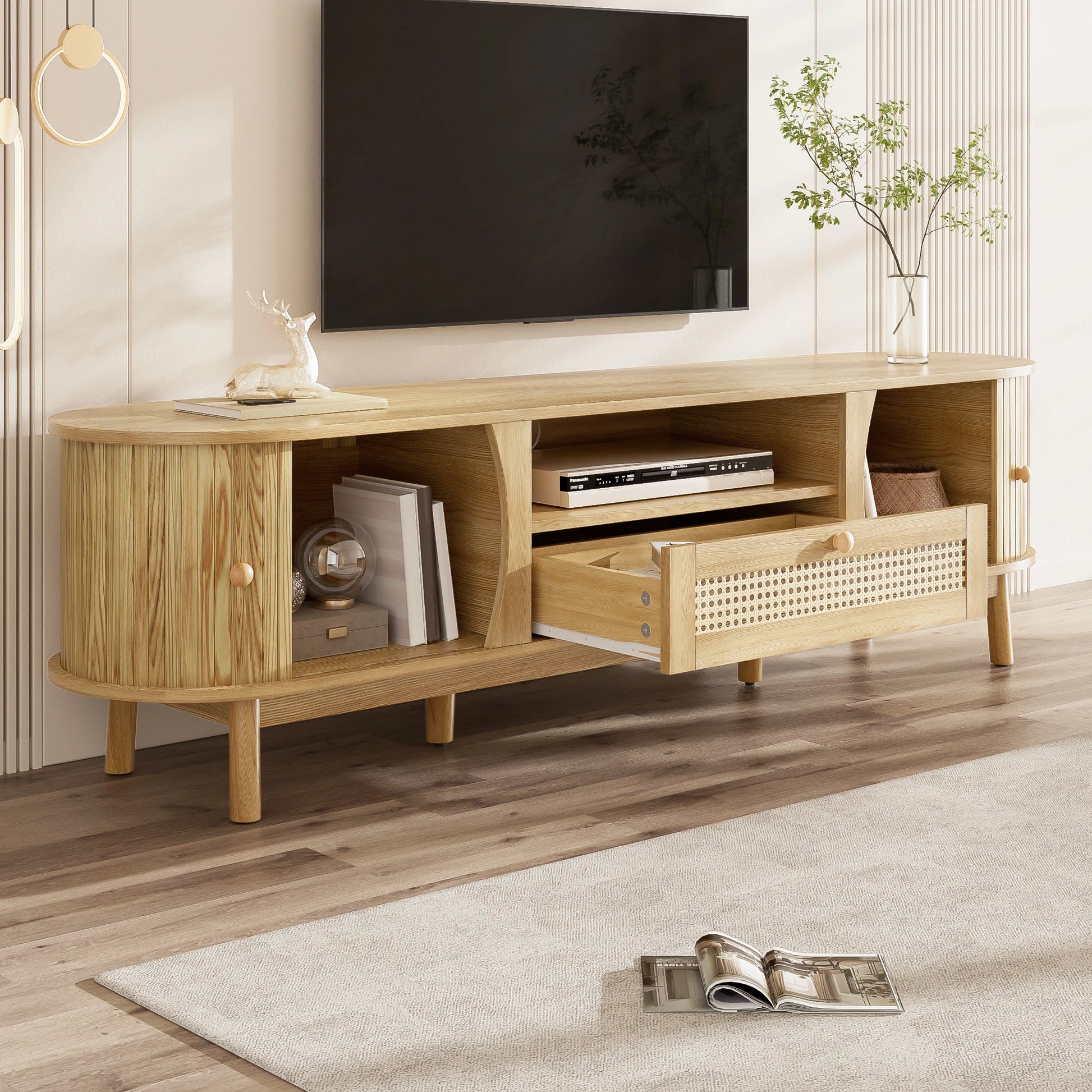 Meuble TV Matera – Bois naturel et cannage, 165 cm – détail des finitions