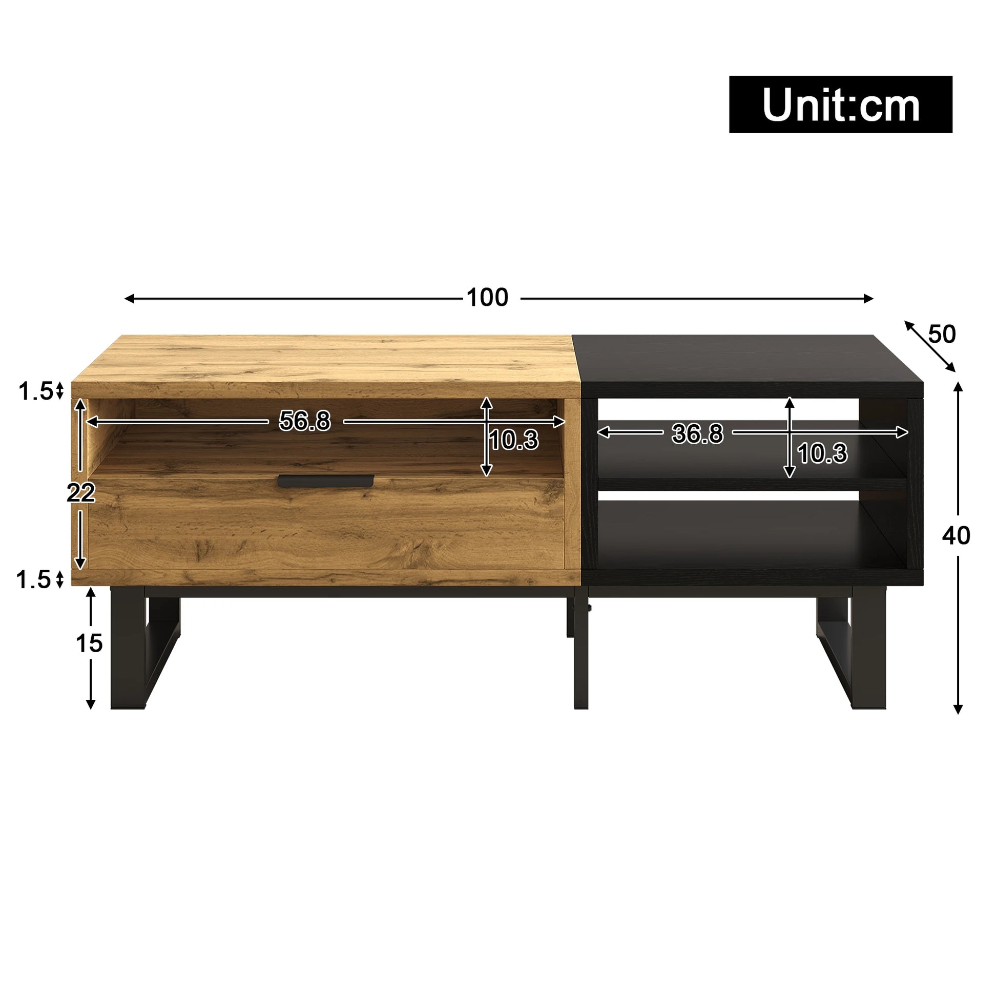 Table basse Modena – Noir et bois, rangements, 100 cm – dimensions et proportions