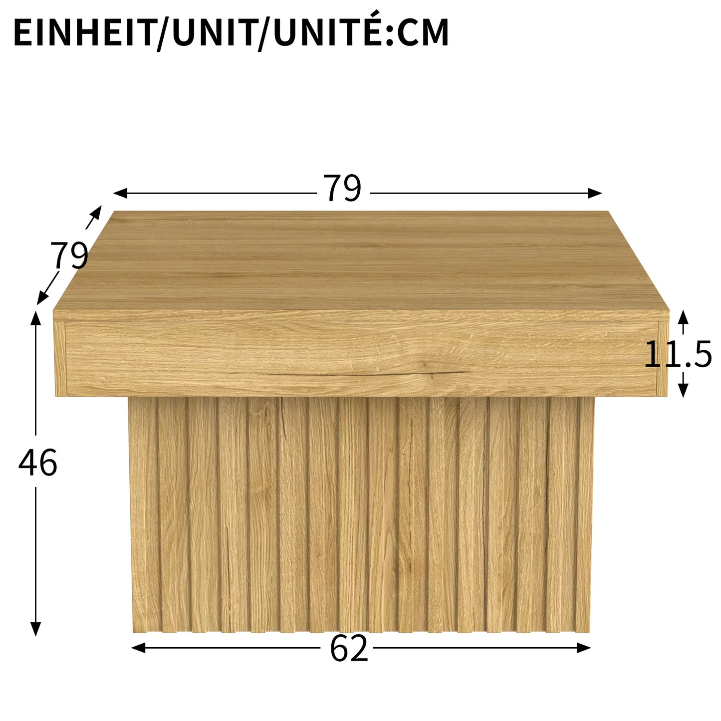 Table basse carrée Arco – Bois naturel, 79 cm – dimensions et proportions