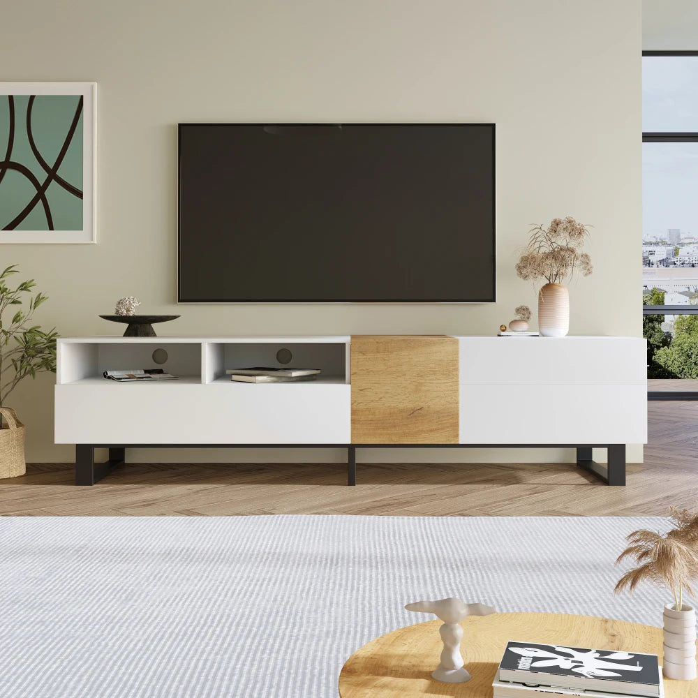 Meuble TV Como – Blanc et bois, 180 cm – dans un salon