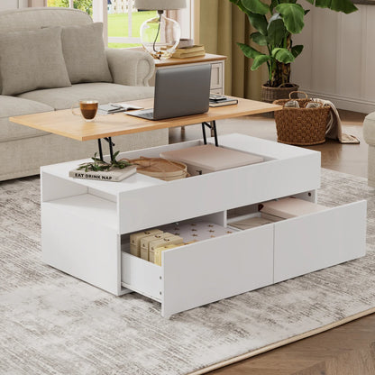 Table basse relevable Alba – Blanc et bois, 100 cm – dans un salon