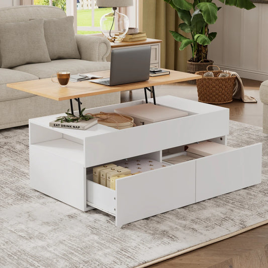 Table basse relevable Alba – Blanc et bois, 100 cm – dans un salon