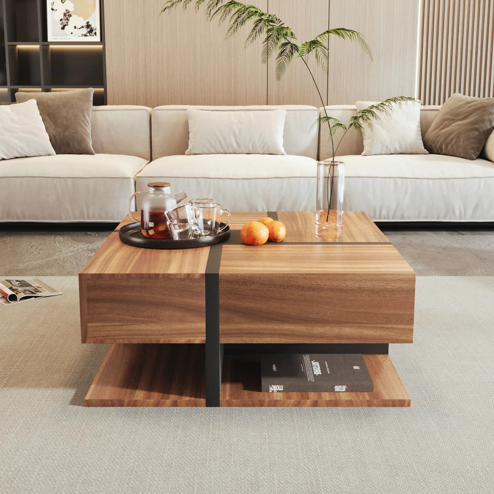 Table basse Quadra – 4 tiroirs, bois naturel, 78 cm – dans un salon