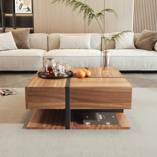 Table basse Quadra – 4 tiroirs, bois naturel, 78 cm – dans un salon