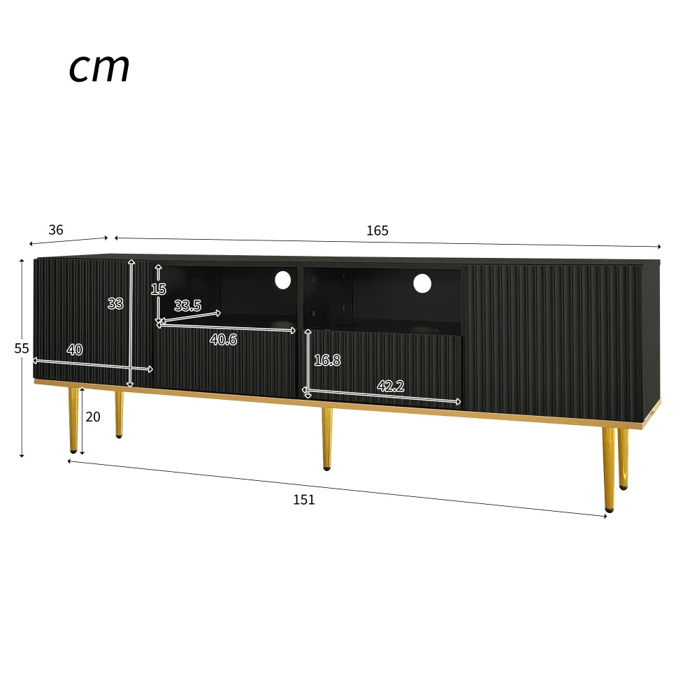 Meuble TV Nero – Noir et doré, 165 cm – dimensions et proportions