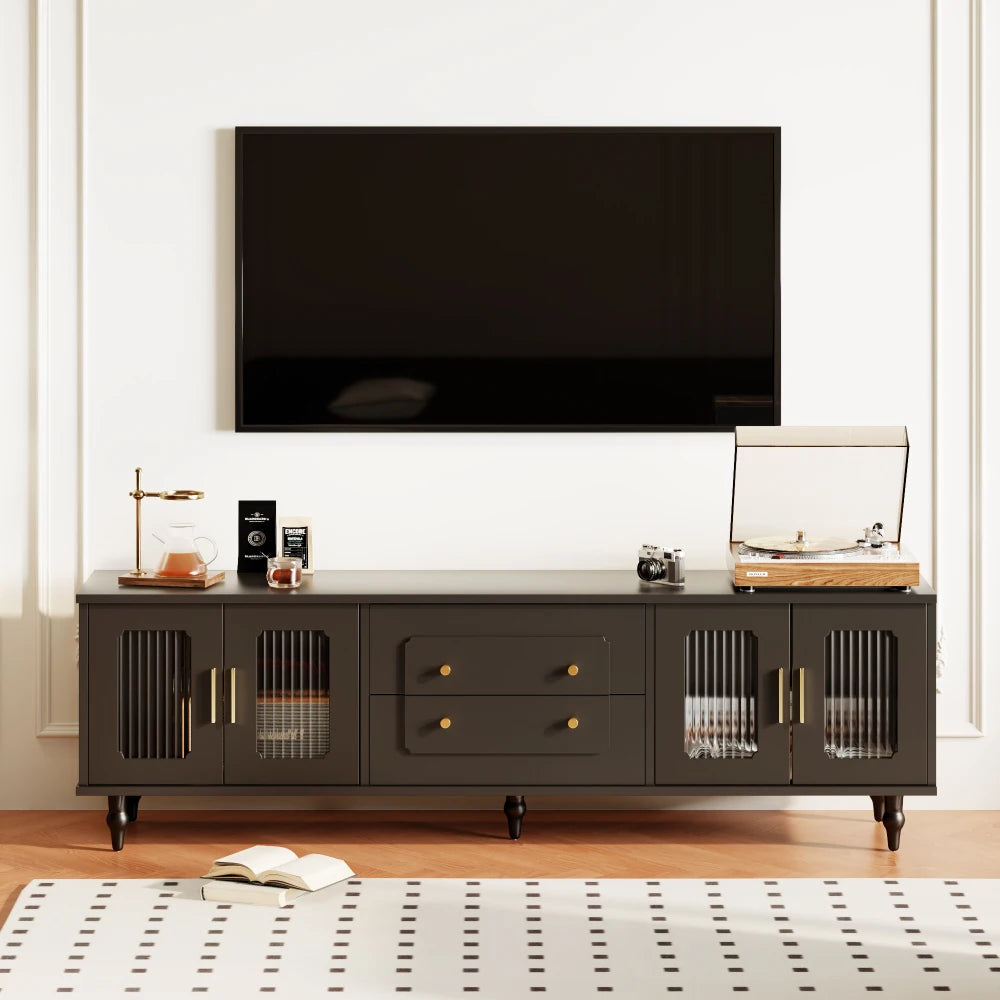 Meuble TV Vittoria – Noir et verre cannelé, 177 cm – rangements et fonctionnalités