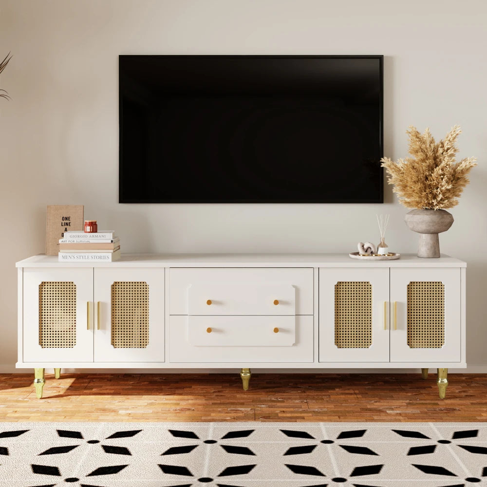 Meuble TV Bianca – Blanc, cannage et doré, 175 cm – rangements et fonctionnalités