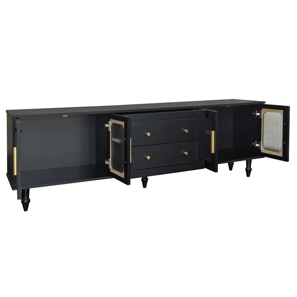 Meuble TV Vittoria – Noir et verre cannelé, 177 cm – vue du produit