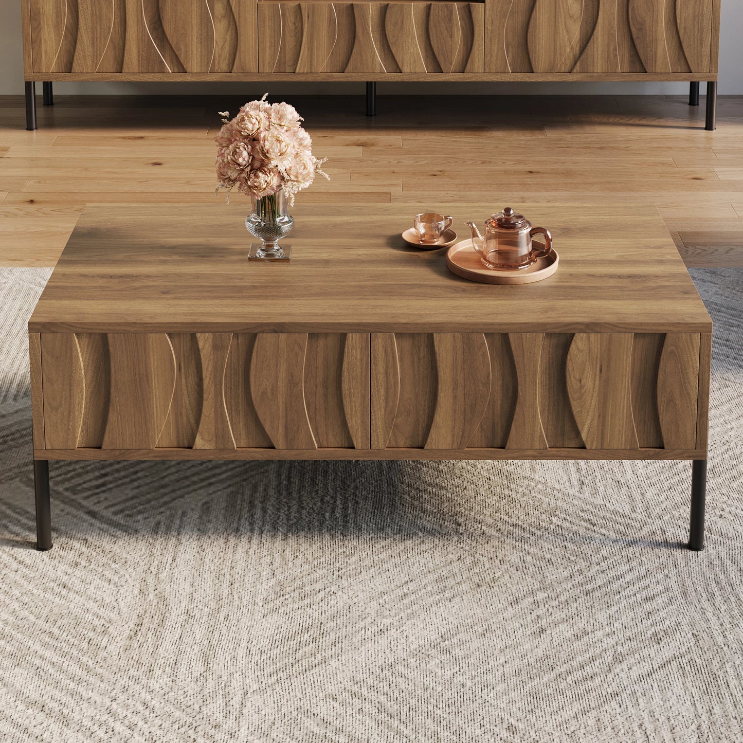 Table basse Pesaro – Bois naturel, 2 tiroirs, 105 cm – mise en situation