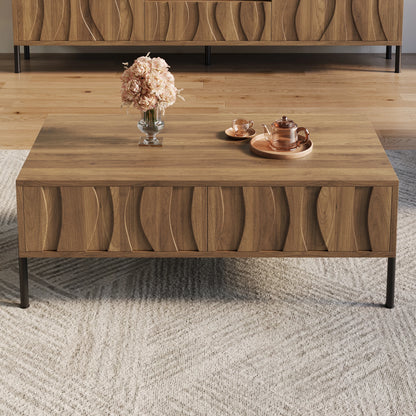 Table basse Pesaro – Bois naturel, 2 tiroirs, 105 cm – mise en situation